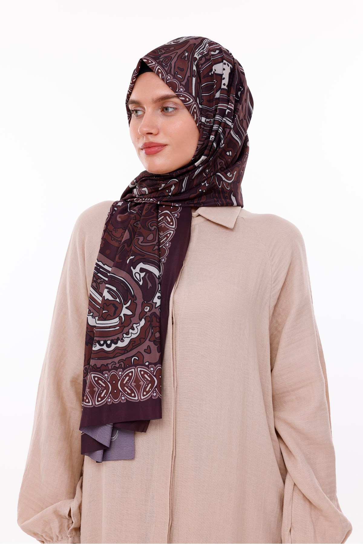 Retro Desenli Kadın Şal Bordo Estascarf
