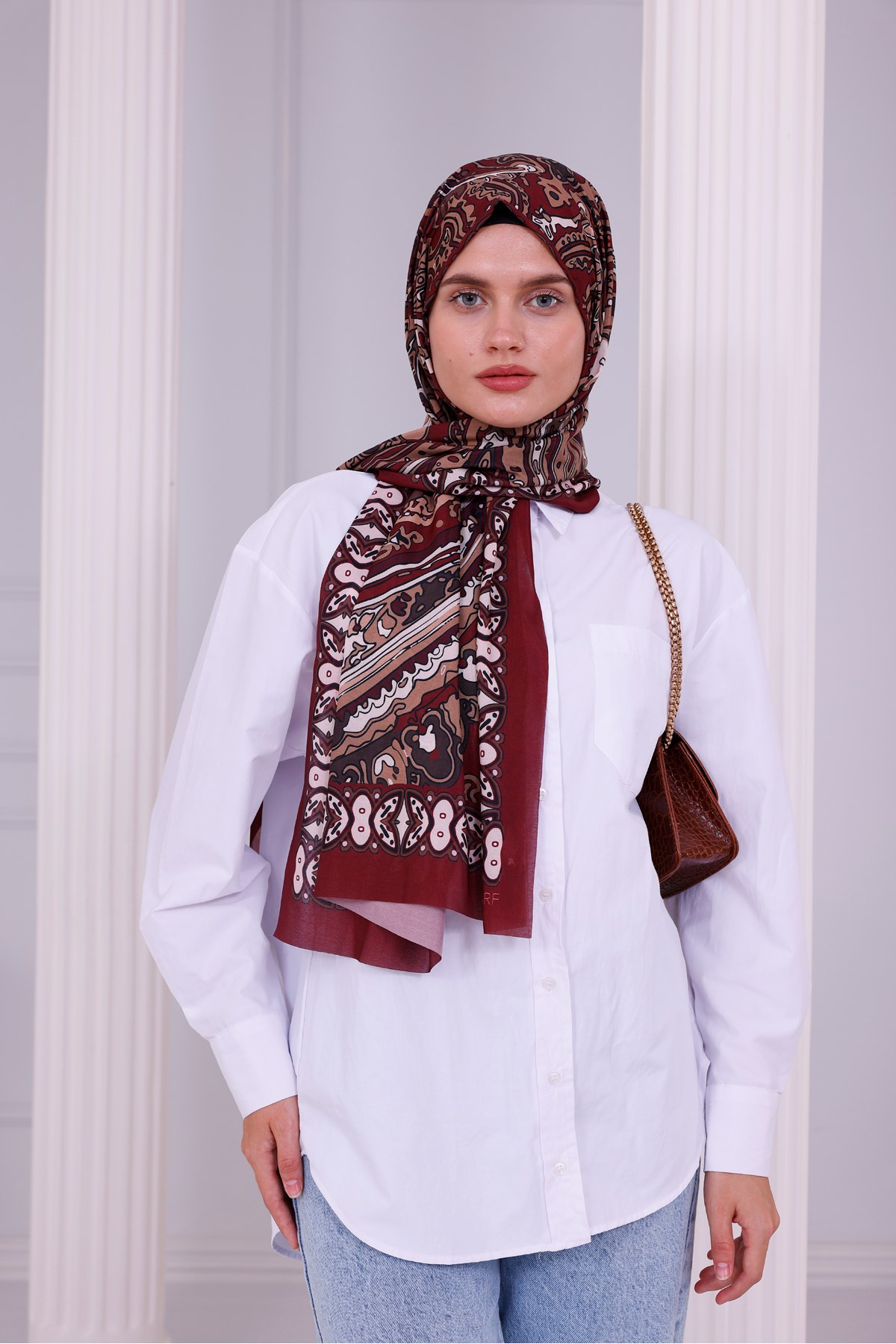 Retro Desenli Kadın Şal Bordo Estascarf