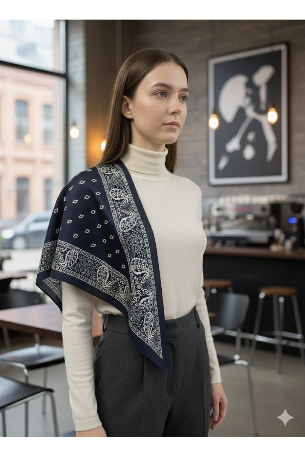 Saray Motif Lacivert Üçgen Fular Bandana Estacraft - 100x45 cm