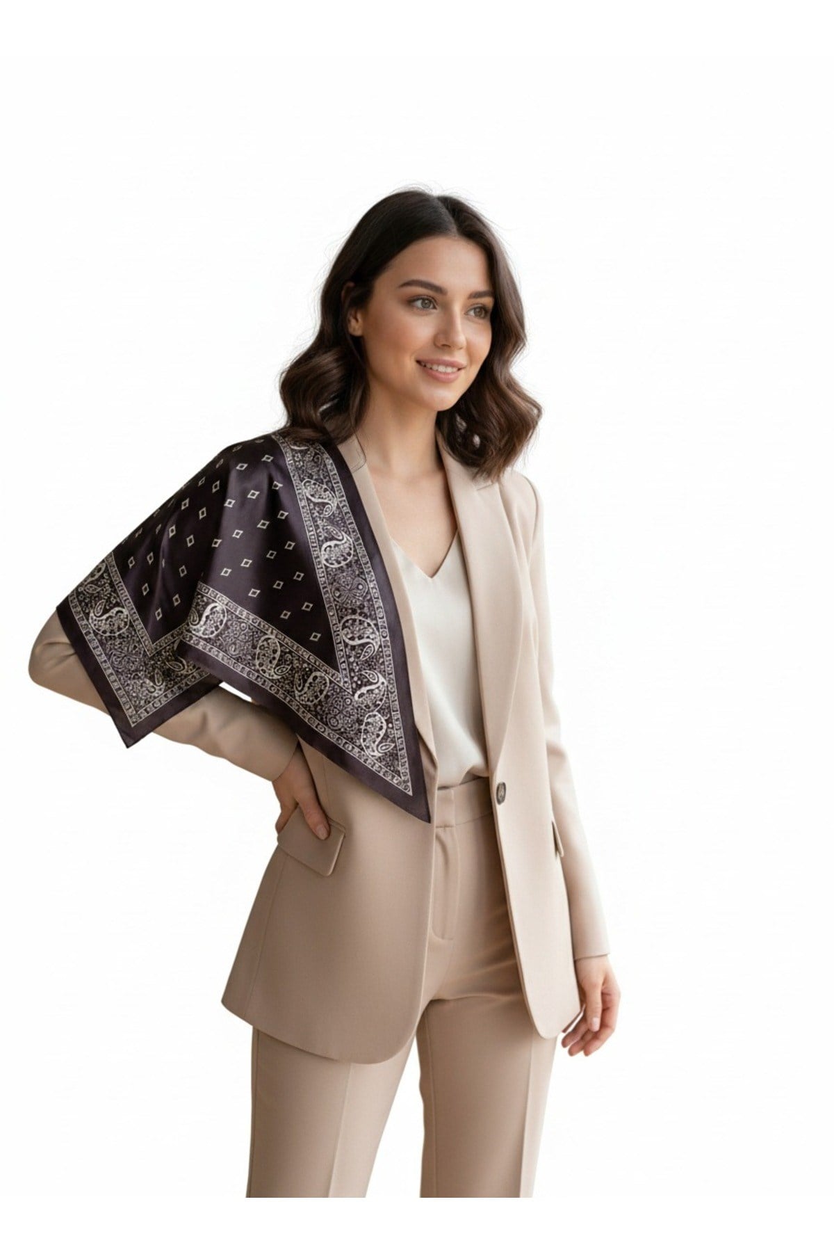 Saray Motif Mürdüm Üçgen Fular Bandana Estacraft - 100x45 cm