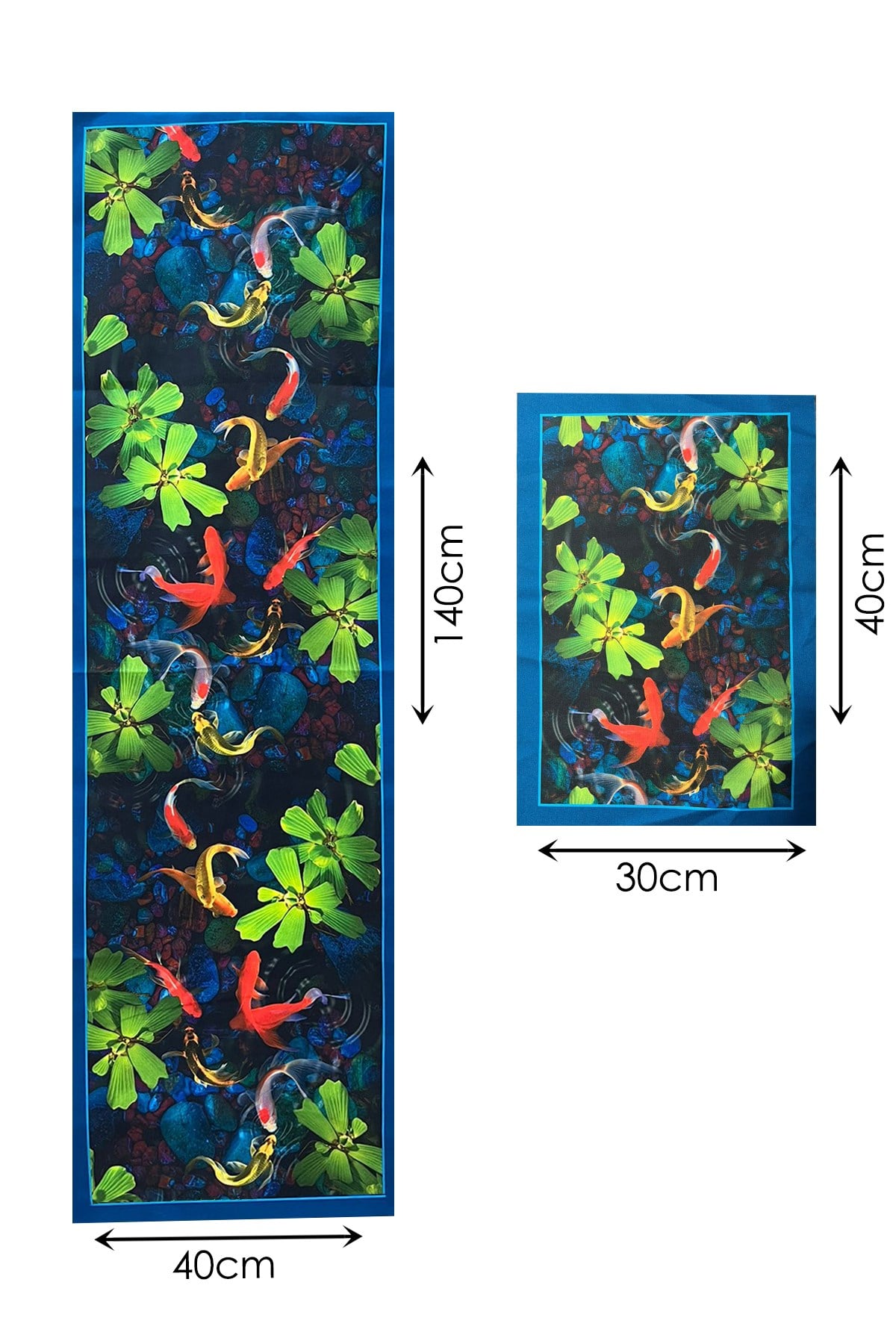 Su Bahçesi – 3D Balık ve Nilüfer Desenli Masa Runner & 4’lü Supla Takımı