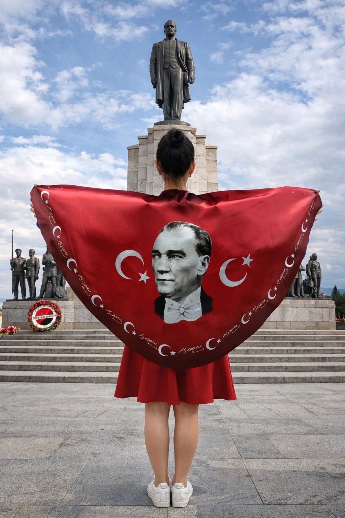Tarzını Seç Atatürk Portre Bayraklı Pelerin Gösteri Kostümü 145x73cm