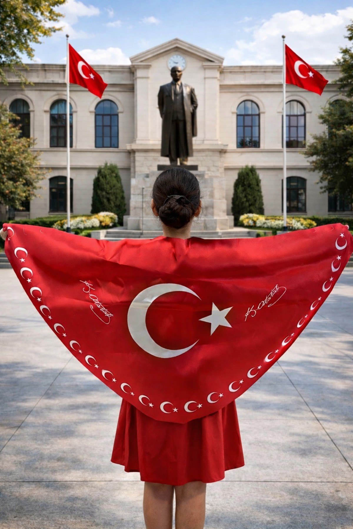Tarzını Seç Ayyıldız Atatürk İmzalı Türk Bayraklı Pelerin Gösteri Kostümü 145x73cm