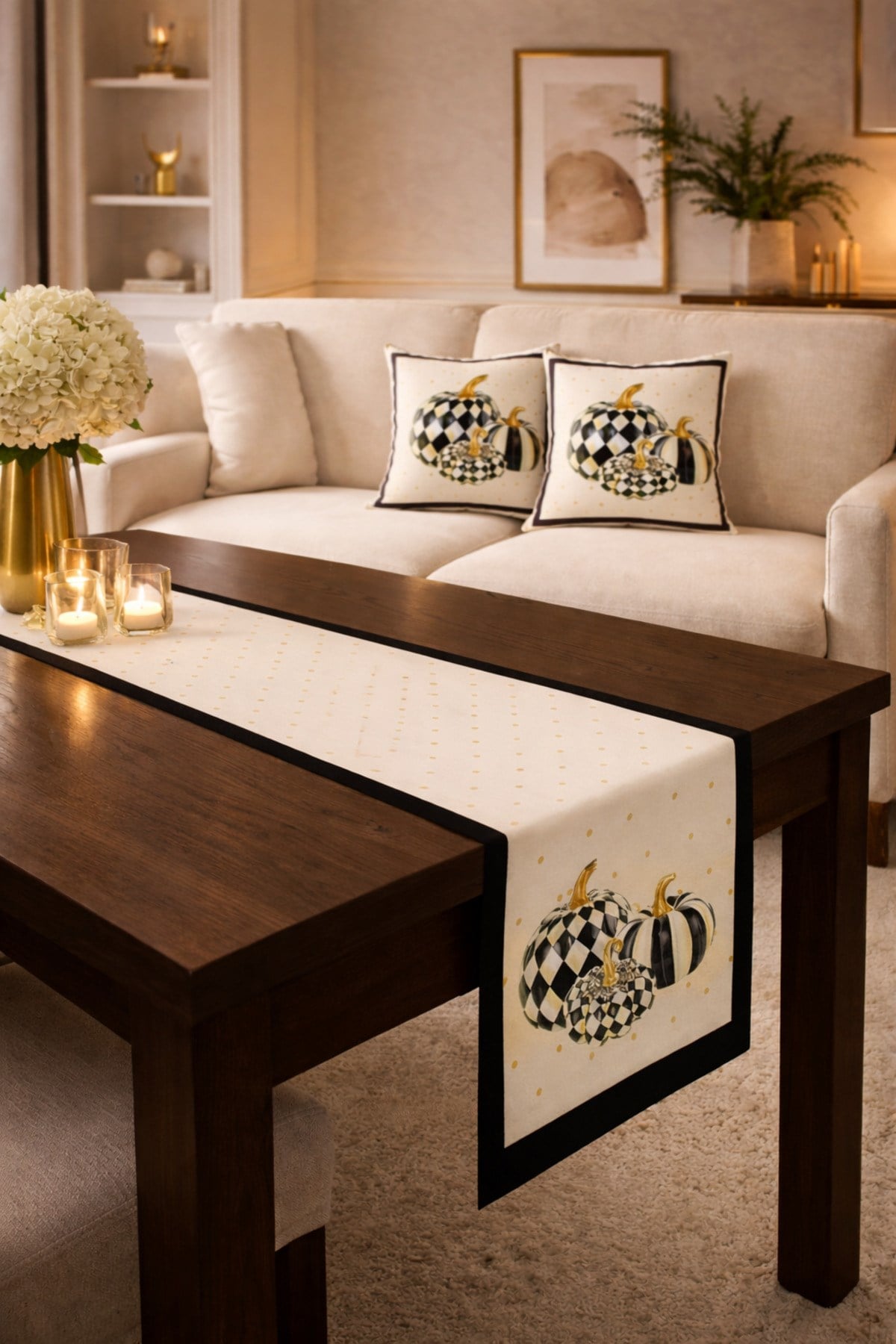 Tarzını Seç Balkabagı Desenli Salon Dekoru 2 Adet Kırlent Kılıfı (40x38) 1 Adet Runner (40x140) Set