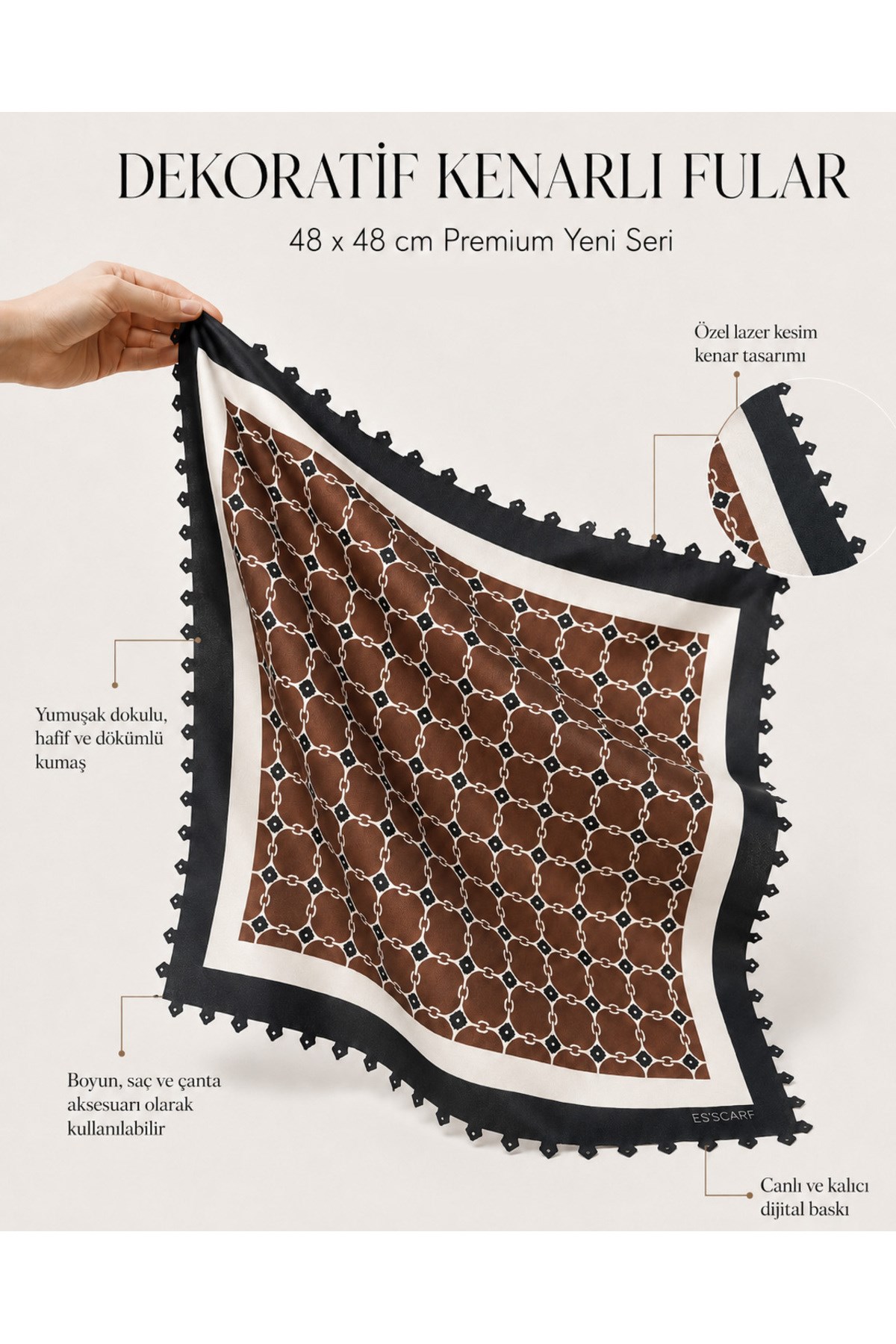 Tarzını Seç Fendy Model Dekoratif Kenar Tasarımlı Fular 48x48 cm
