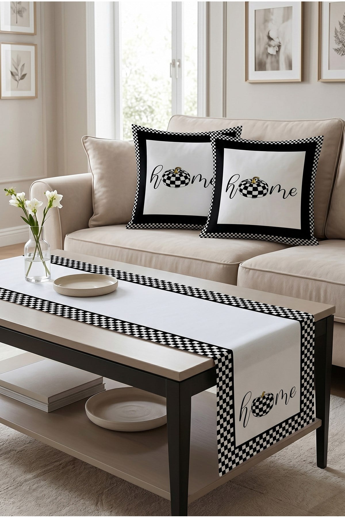 Tarzını Seç Home Desenli Salon Dekoru 2 Adet Kırlent Kılıfı (40x38) 1 Adet Runner (40x140) Set