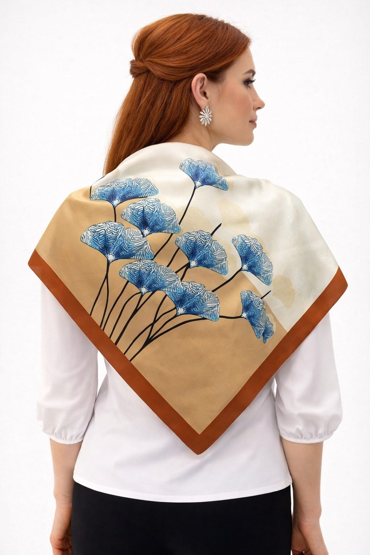 Tarzını Seç Kahverengi Ginkgo Fular / Bandana / Aksesuar 48x48 cm