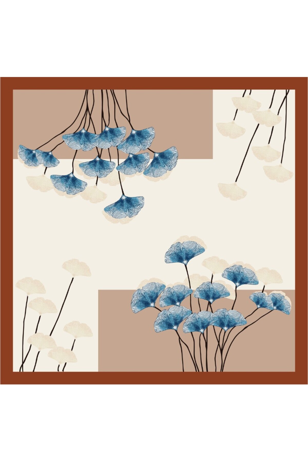 Tarzını Seç Kahverengi Ginkgo Fular / Bandana / Aksesuar 48x48 cm