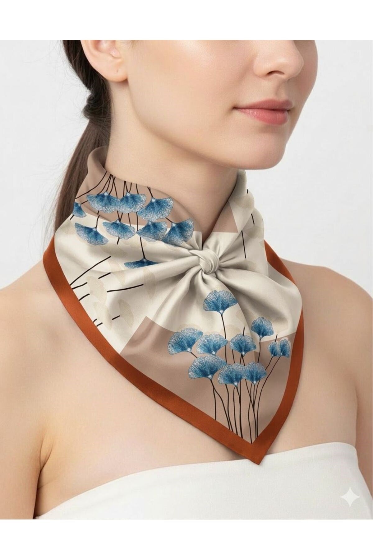 Tarzını Seç Kahverengi Ginkgo Fular / Bandana / Aksesuar 48x48 cm