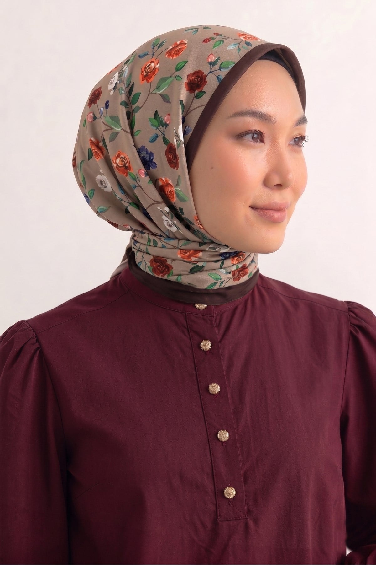 Tarzını Seç Kahverengi Gül Fular / Bandana / Aksesuar / Eşarp 90x90 cm