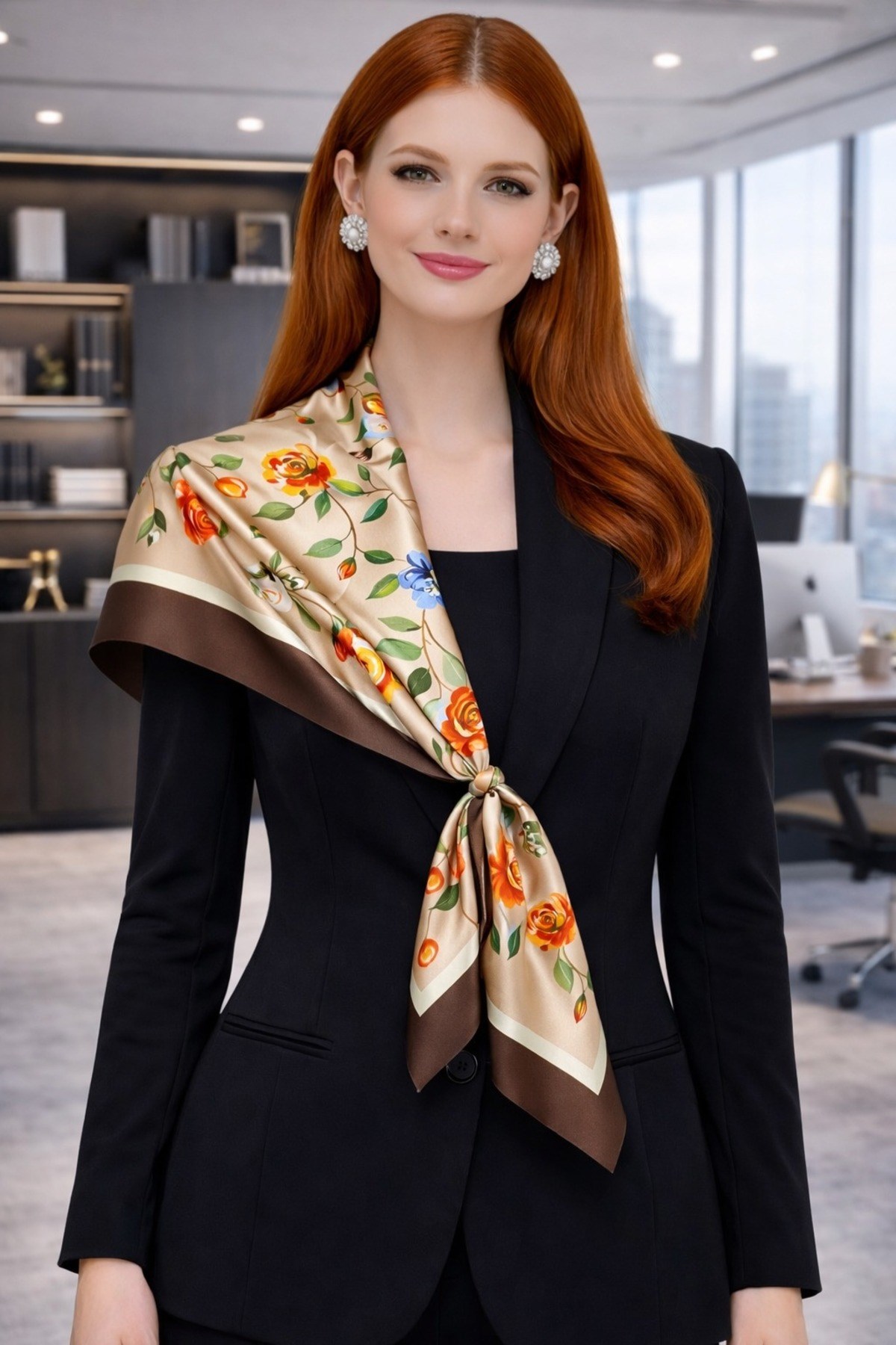 Tarzını Seç Kahverengi Gül Fular / Bandana / Aksesuar / Şal / Eşarp 70x70