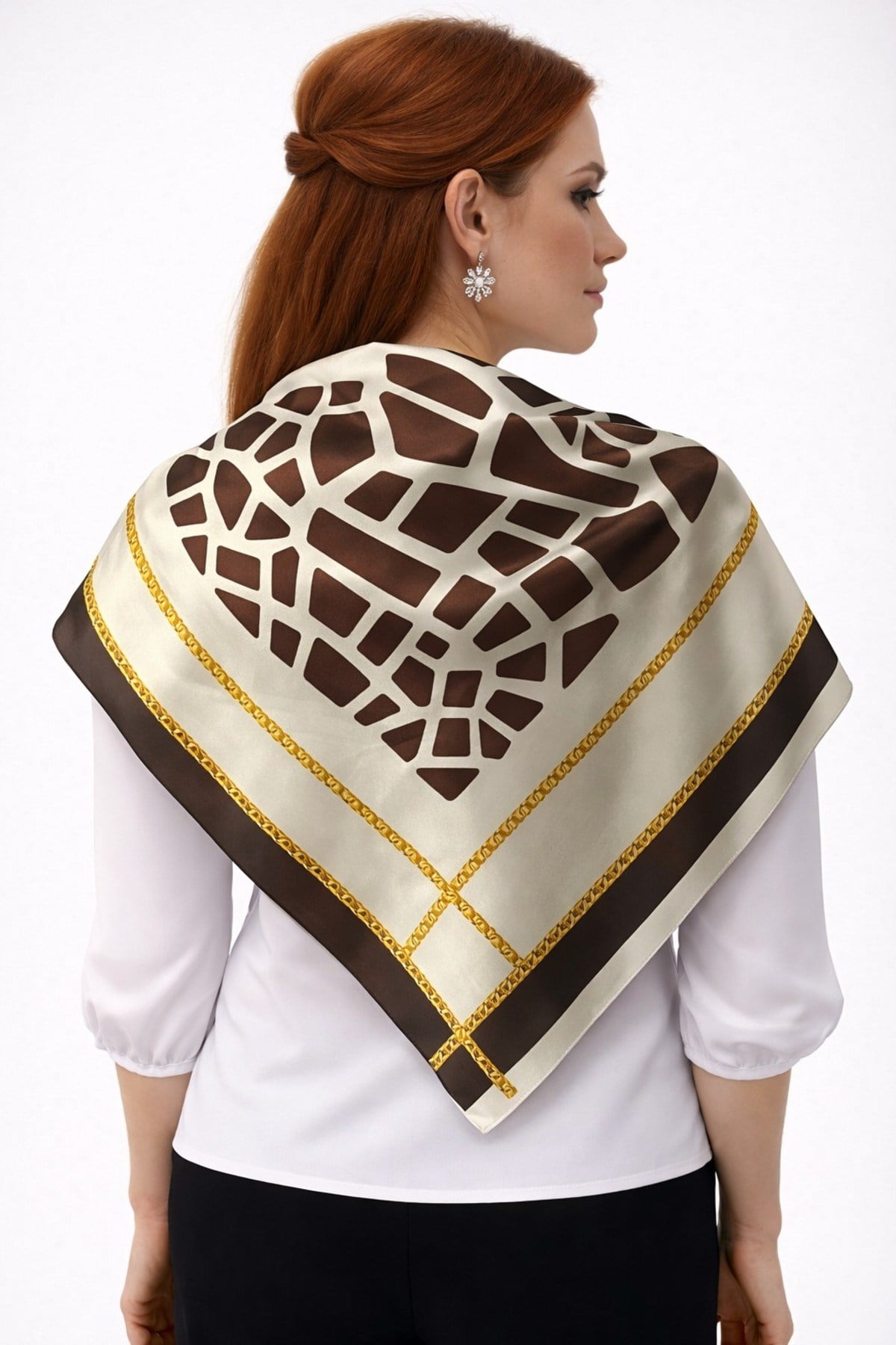 Tarzını Seç Kahverengi Mozaik Zincir Fular / Bandana / Aksesuar / Eşarp 90x90 cm