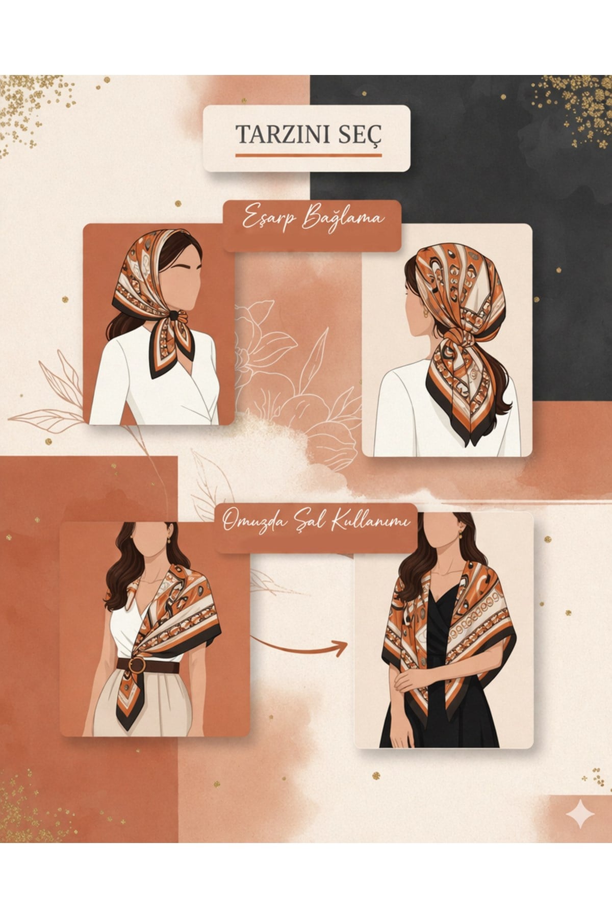 Tarzını Seç Kahverengi Queen Fular / Bandana / Aksesuar / Eşarp 90x90 cm