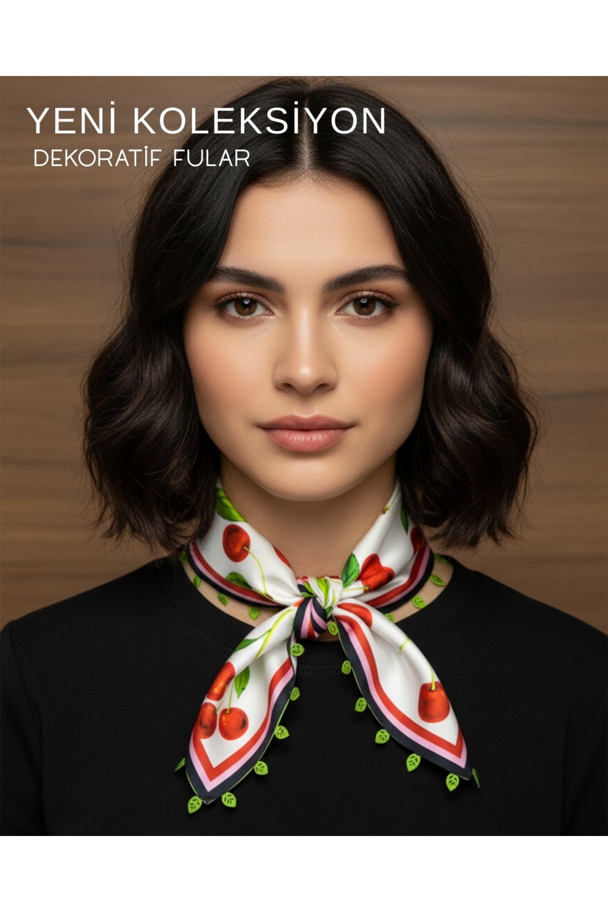 Tarzını Seç Kiraz Desenli Model Dekoratif Kenar Tasarımlı Fular 48x48 cm