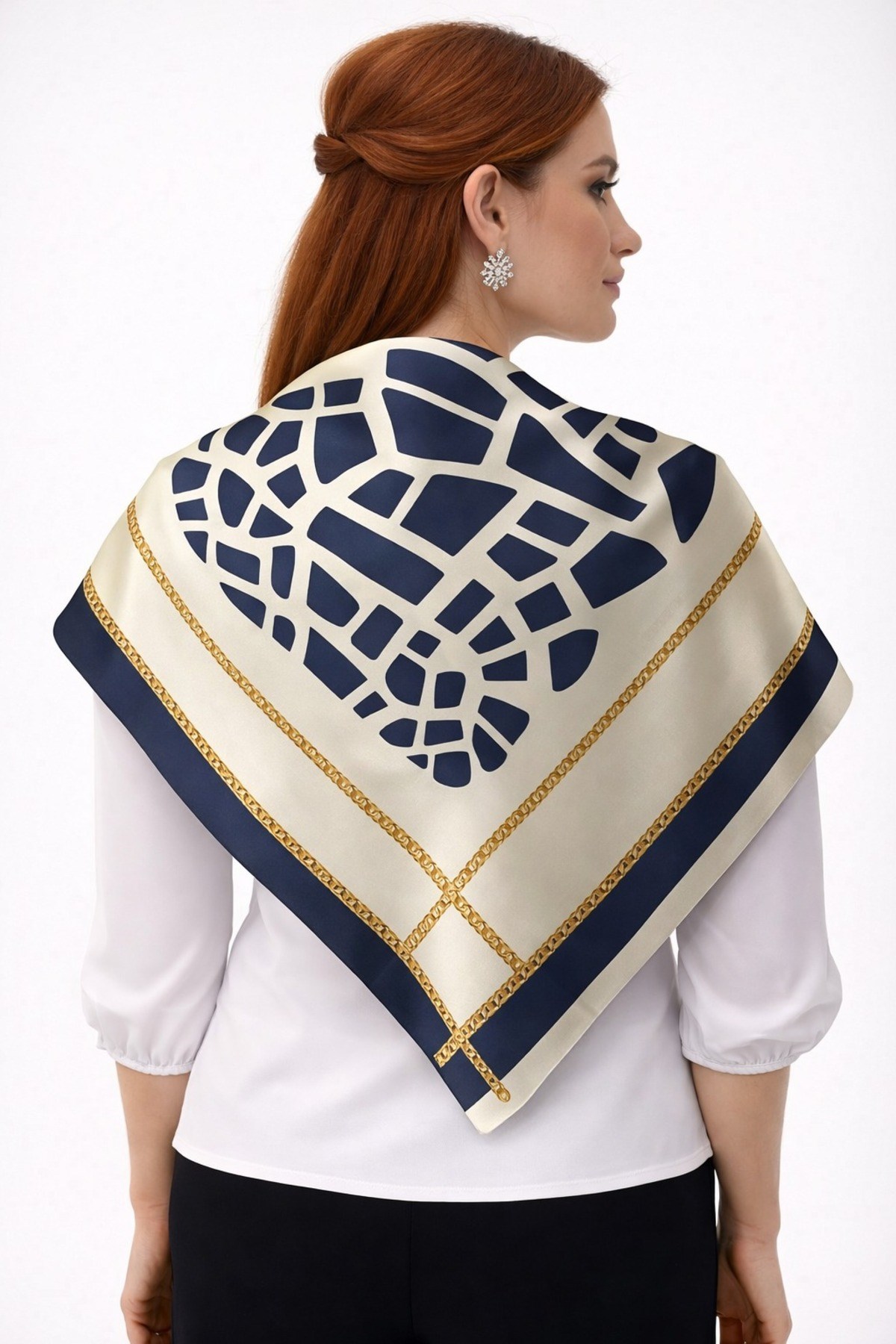 Tarzını Seç Lacivert Mozaik Zincir Fular / Bandana / Aksesuar / Şal / Eşarp 70x70