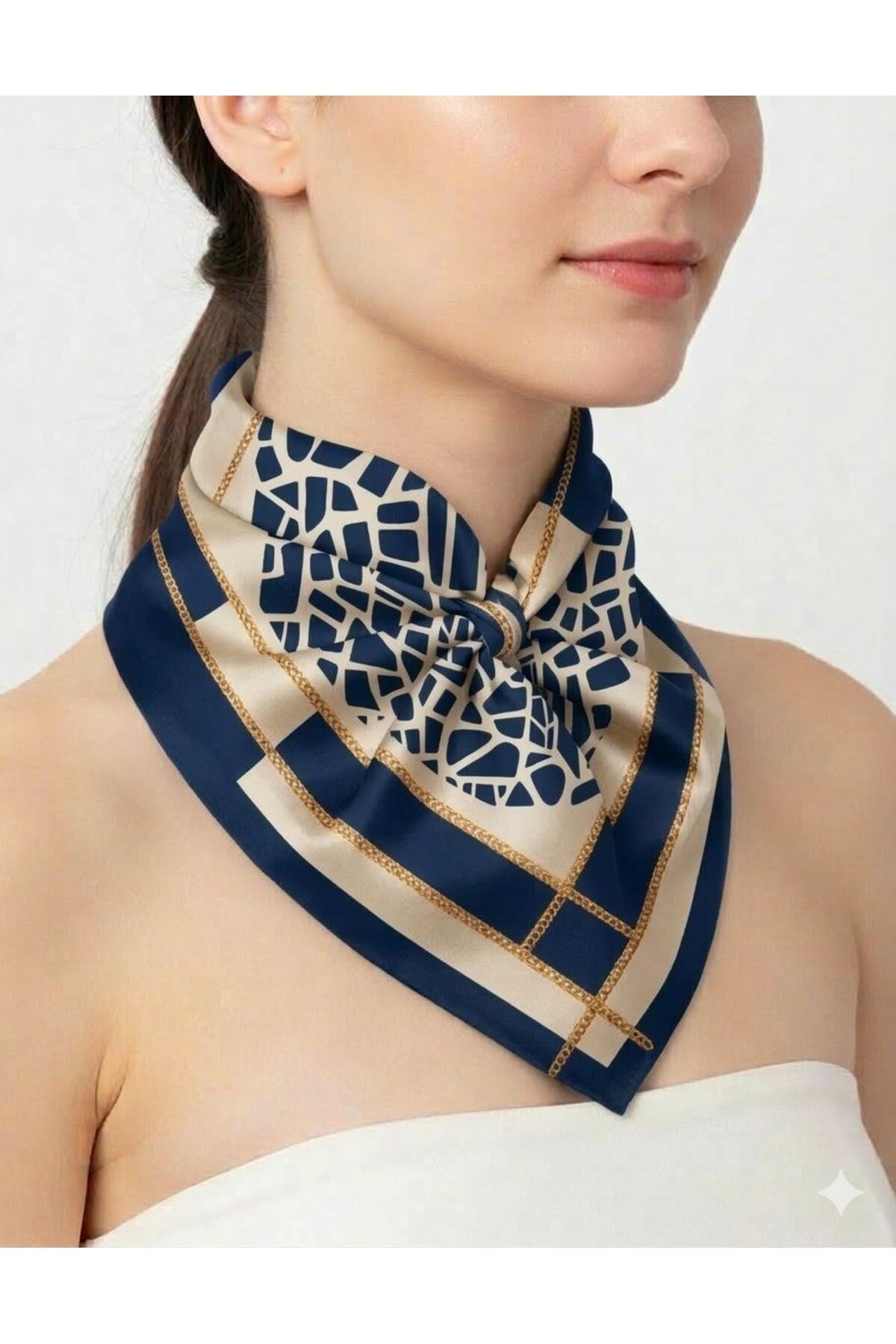 Tarzını Seç Lacivert Mozaik Zincir Fular / Bandana / Aksesuar 48x48 cm