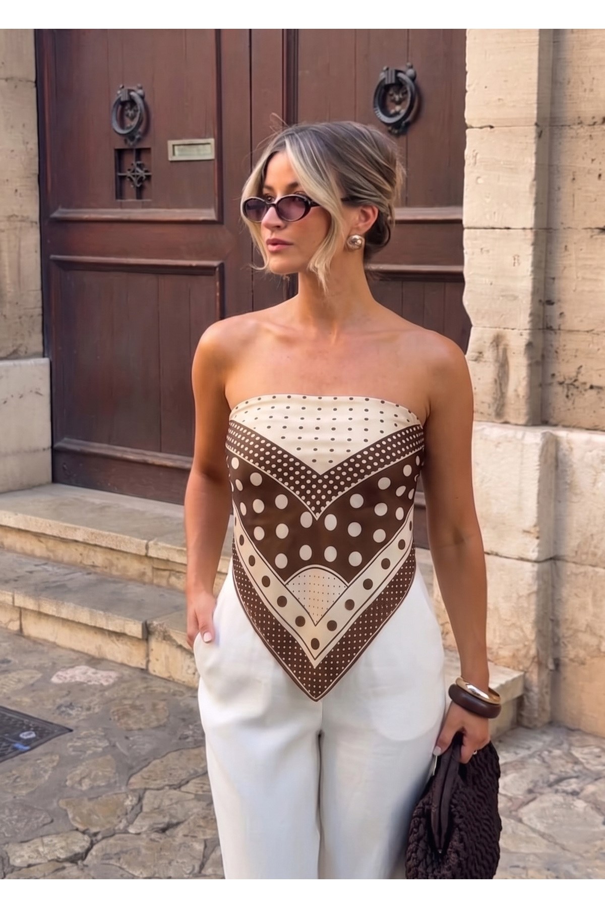 Tarzını Seç Mocha Puantiye Desenli Fular / Bandana 70x70 cm