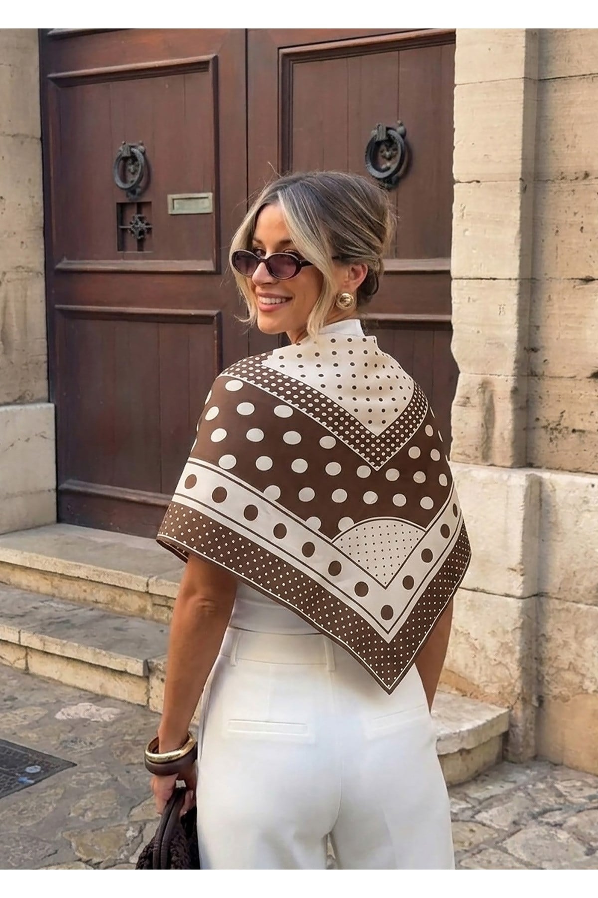 Tarzını Seç Mocha Puantiye Desenli Fular / Bandana 70x70 cm