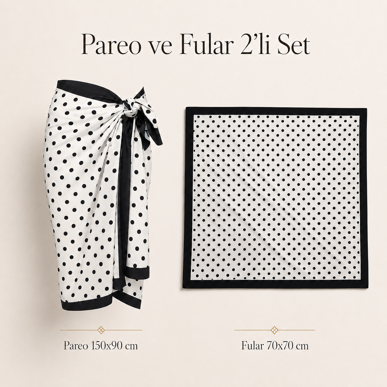 Tarzını Seç Premium Beyaz Siyah Puantiye Desenli 2'li Pareo ve Bandana Seti 150x95 cm / 70x70 cm