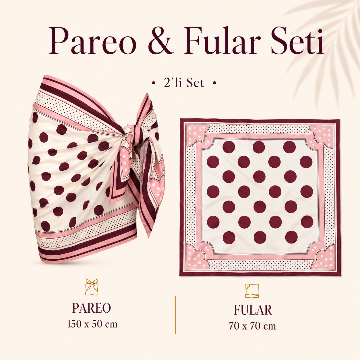 Tarzını Seç Premium Bordo Puantiye Desenli 2’li Kısa Pareo ve Bandana Seti 150x50 cm / 70x70 cm