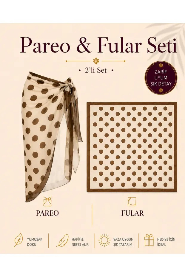 Tarzını Seç Premium Kahverengi Puantiyeli 2’li Yırtmaçlı Bağlamalı Pareo ve Bandana Seti 155x111 cm / 70x70 cm