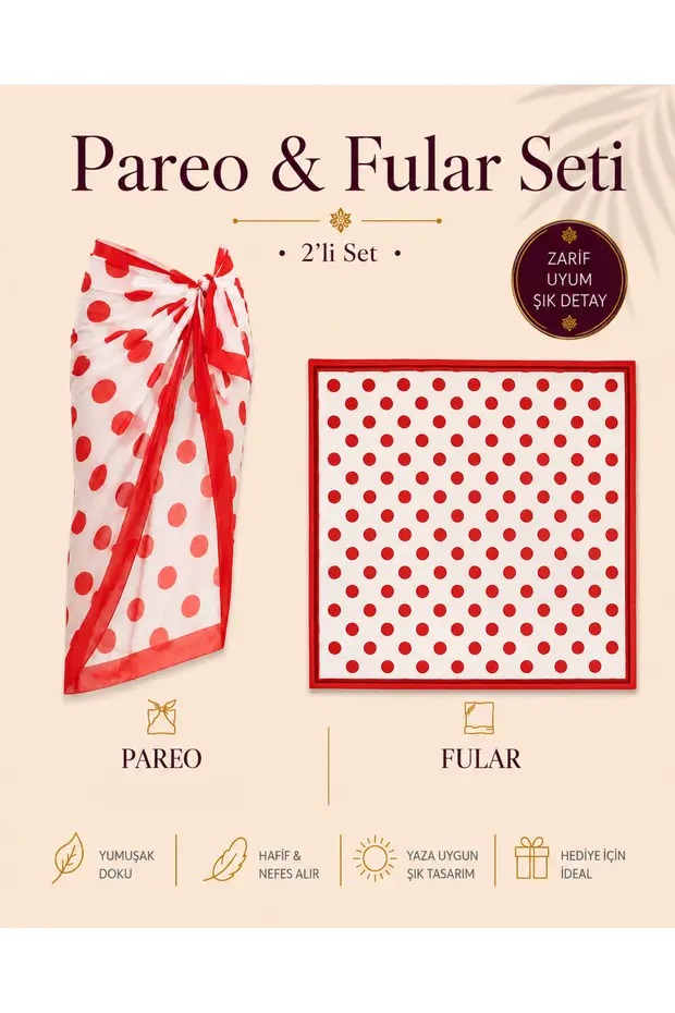 Tarzını Seç Premium Kırmızı Puantiyeli 2’li Yırtmaçlı Bağlamalı Pareo ve Bandana Seti 155x111 cm / 70x70 cm