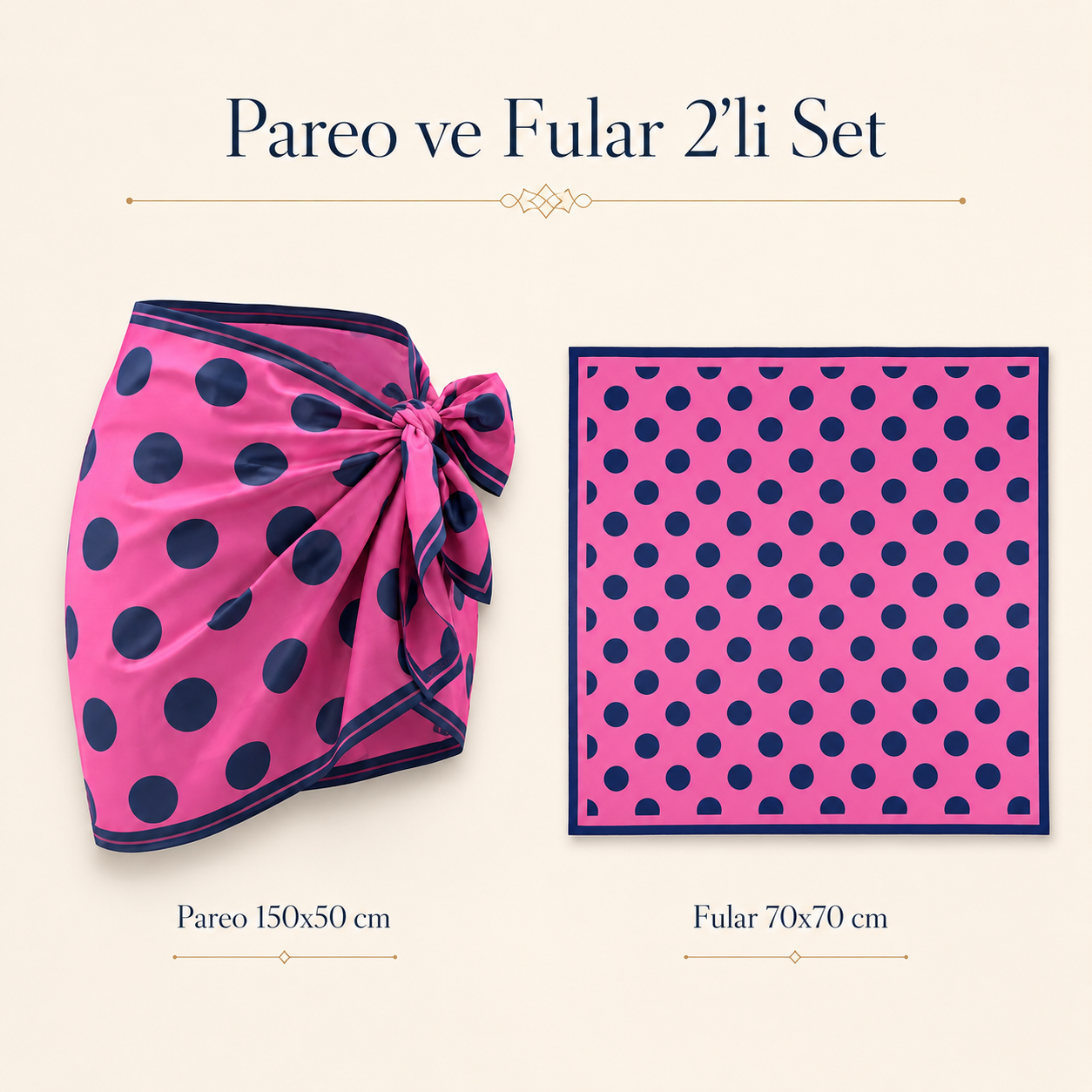 Tarzını Seç Premium Pembe Lacivert Puantiye Desenli 2’li Kısa Pareo ve Bandana Seti 150x50 cm / 70x70 cm