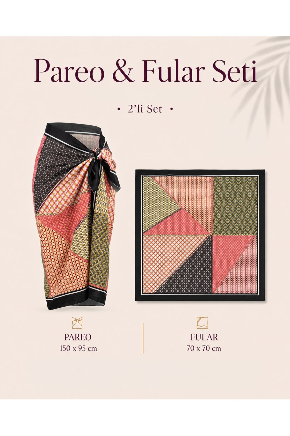 Tarzını Seç Premium Prizma Desenli 2’li Pareo ve Fular Seti 150x95 cm / 70x70 cm