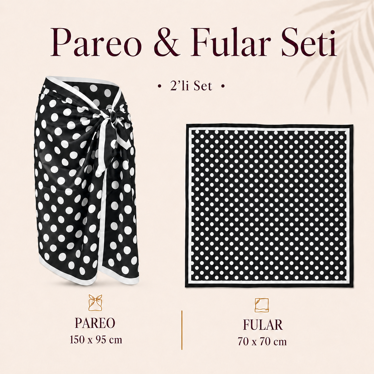 Tarzını Seç Premium Siyah Beyaz Puantiye Desenli 2'li Pareo ve Bandana Seti 150x95 cm / 70x70 cm