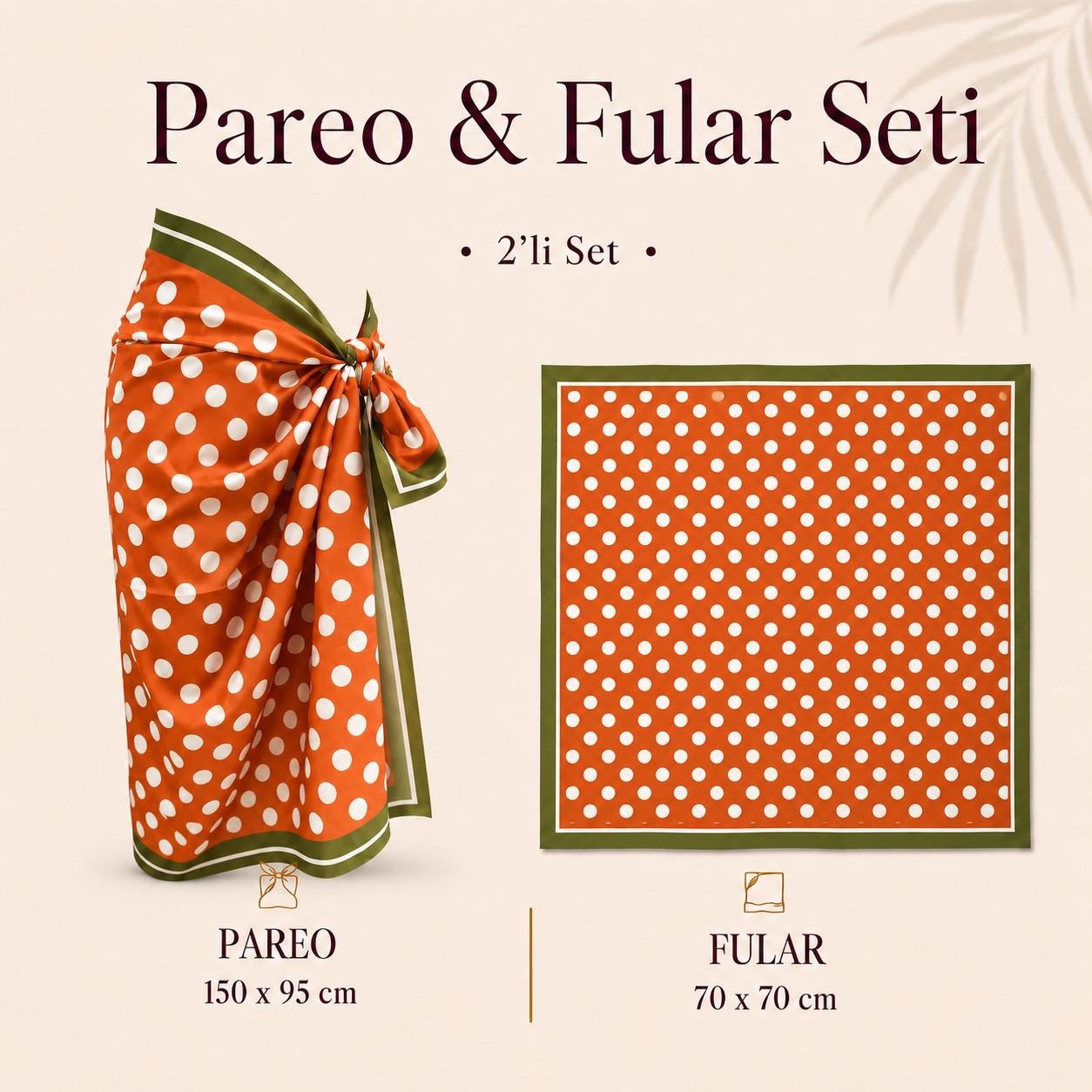 Tarzını Seç Premium Turuncu Beyaz Puantiye Desenli 2’li Kısa Pareo ve Bandana Seti 150x95 cm / 70x70 cm