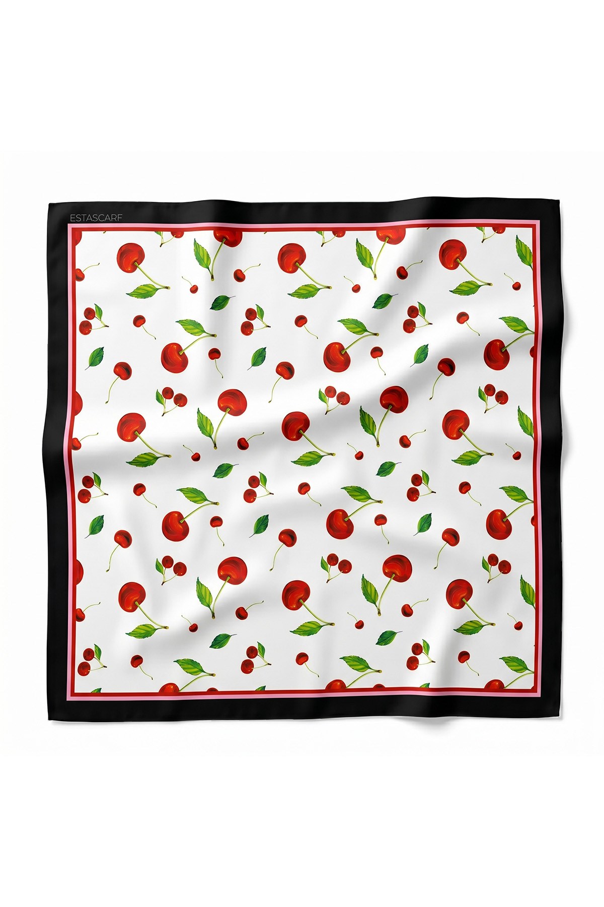 Tarzını Seç Siyah Çerçeveli Kiraz Desenli Fular / Bandana 70x70 cm