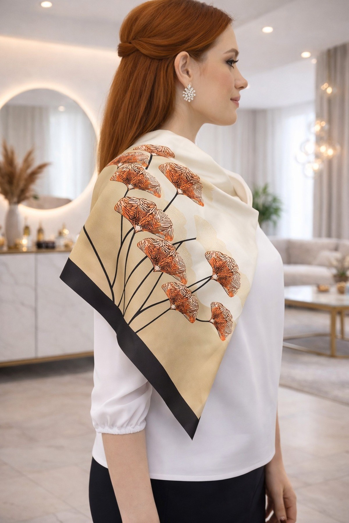 Tarzını Seç Siyah Ginkgo Fular / Bandana / Aksesuar / Şal / Eşarp 70x70