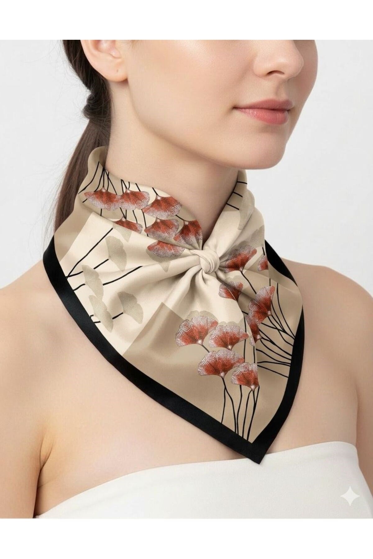 Tarzını Seç Siyah Ginkgo Fular / Bandana / Aksesuar 48x48 cm