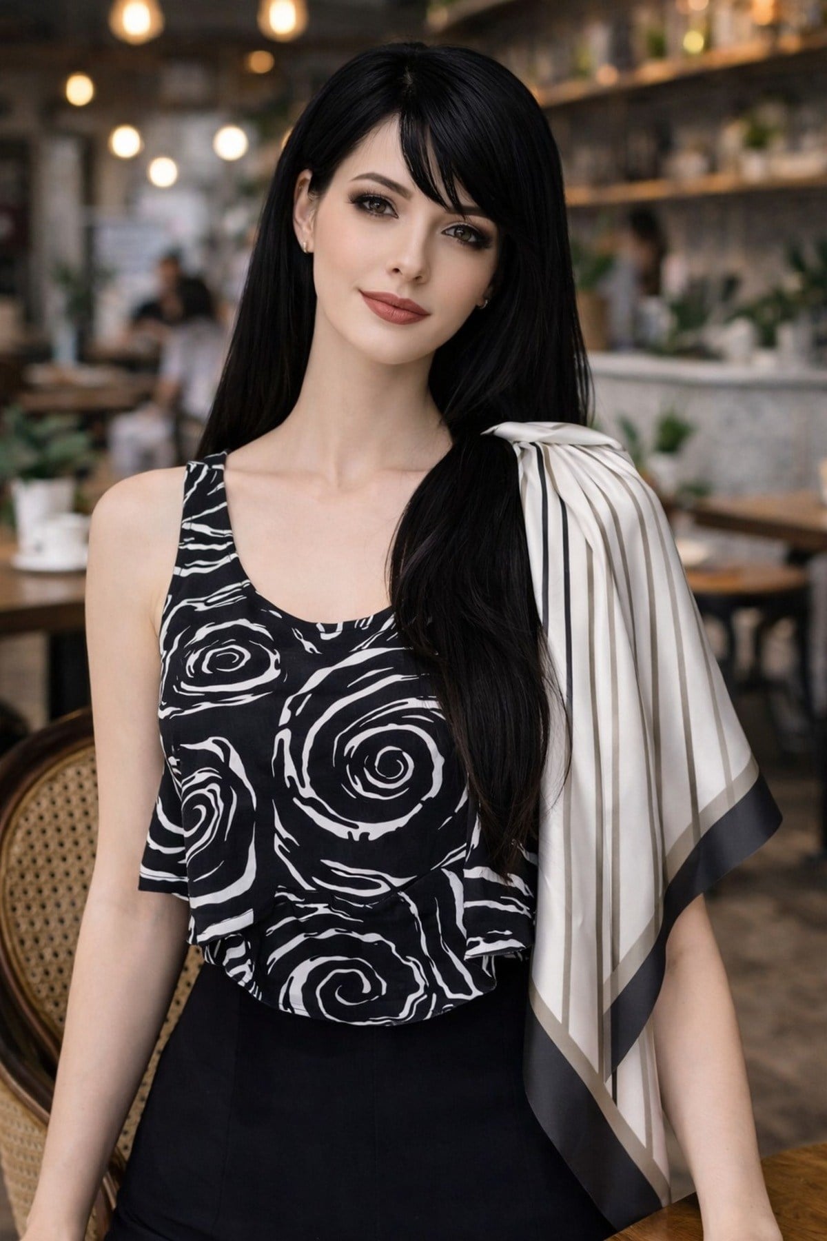 Tarzını Seç Siyah V Çizgi Fular / Bandana / Aksesuar / Şal / Eşarp 70x70