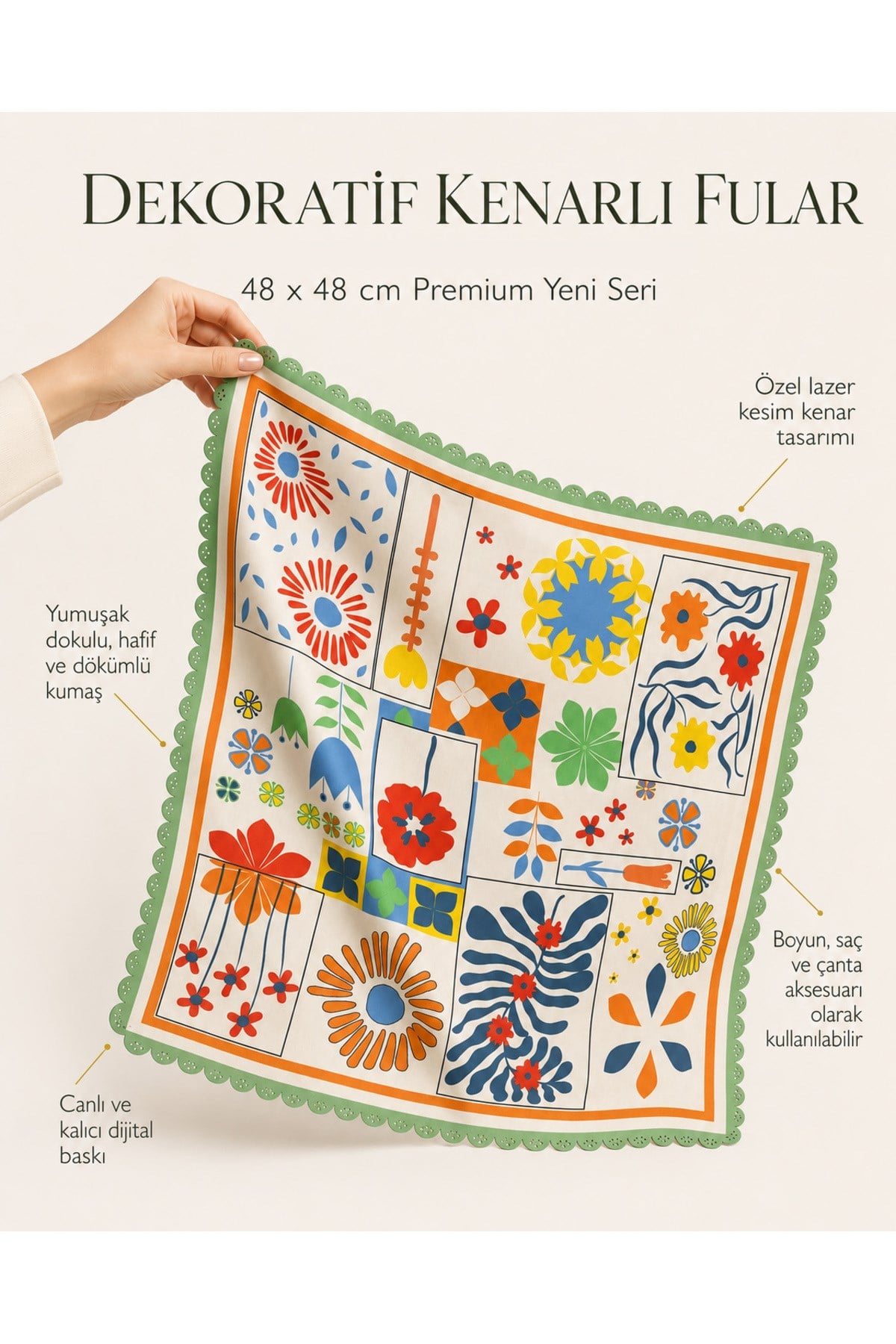 Tarzını Seç Su Yeşili Model Dekoratif Kenar Tasarımlı Fular 48x48 cm