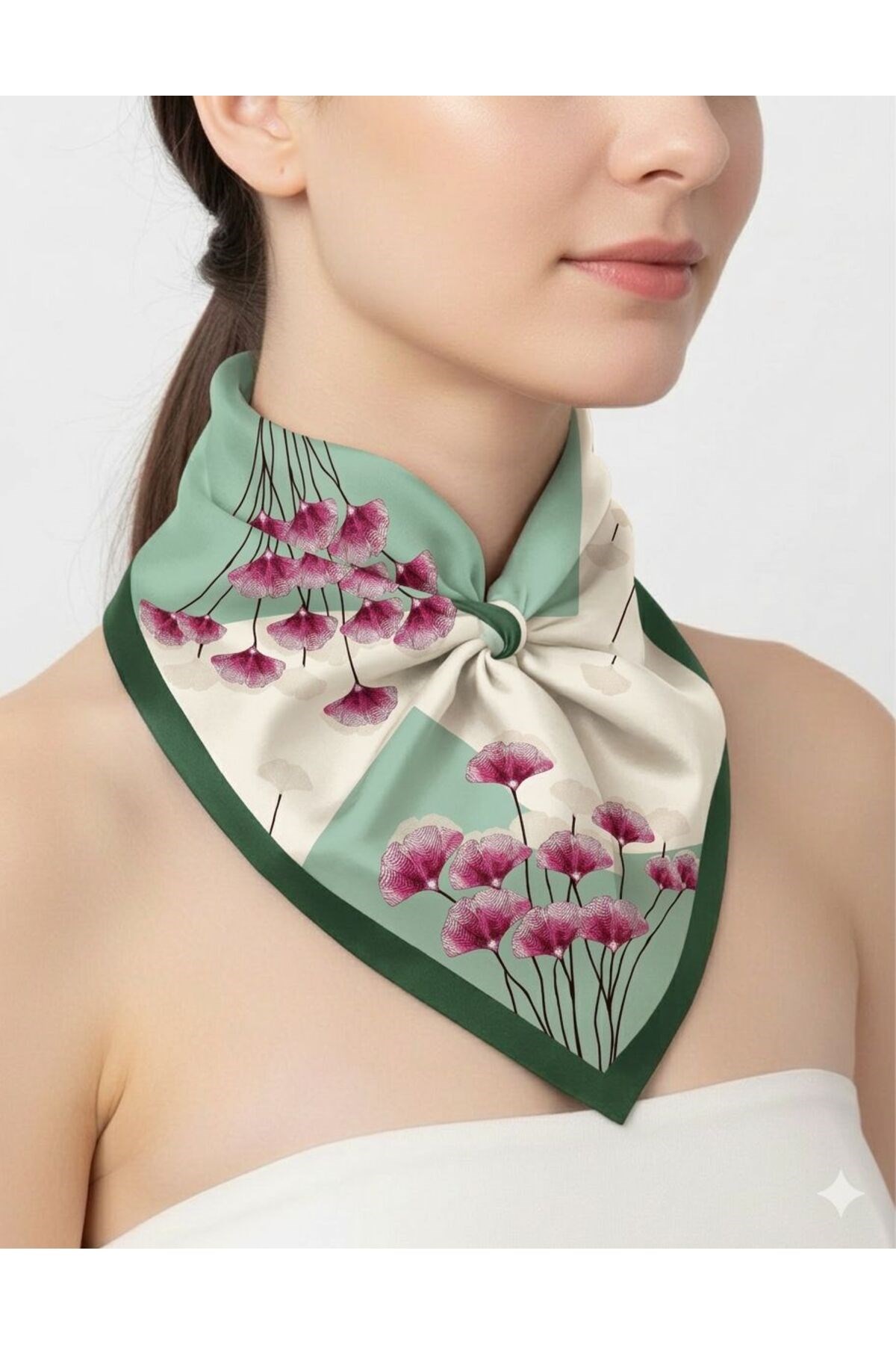 Tarzını Seç Yeşil Ginkgo Fular / Bandana / Aksesuar 48x48 cm