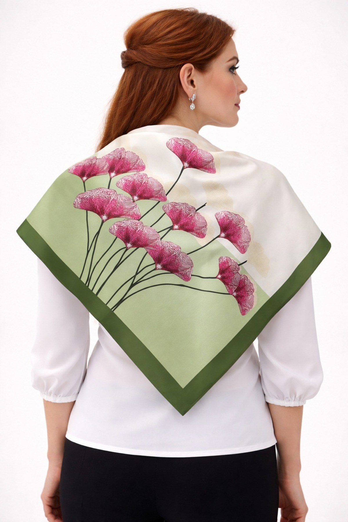 Tarzını Seç Yeşil Ginkgo Fular / Bandana / Aksesuar / Eşarp 90x90 cm