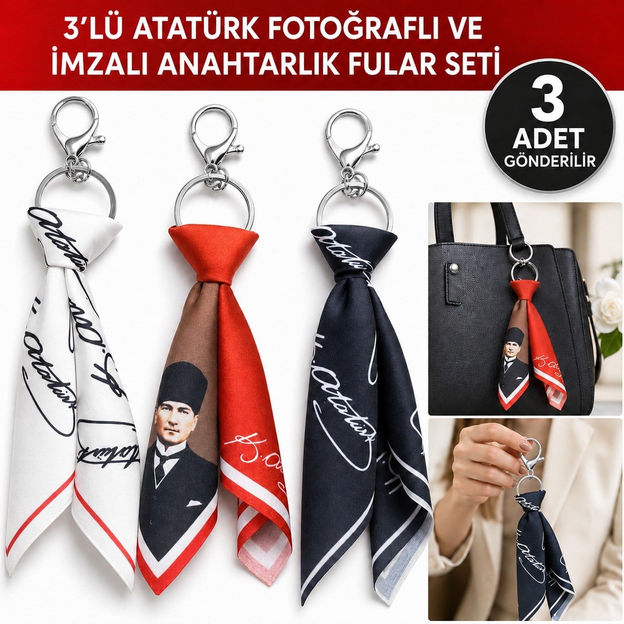Tarzınıseç 3'lü Atatürk İmzalı Fular Anahtarlık Seti Çanta Aksesuarı