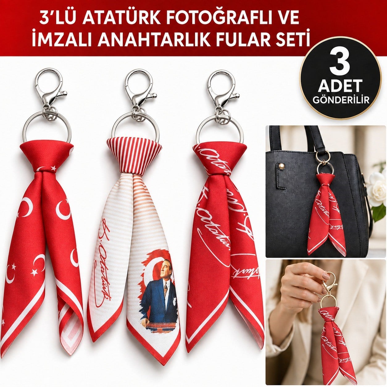 Tarzınıseç 3'lü Türk Bayraklı Atatürk Temalı Fular Anahtarlık Seti Çanta Aksesuarı