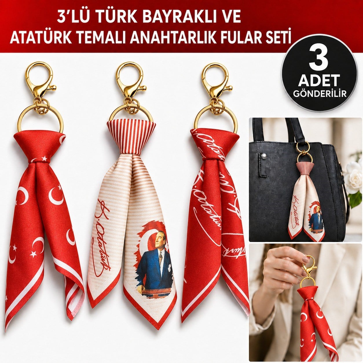 Tarzınıseç 3'lü Türk Bayraklı Atatürk Temalı Fular Gold Anahtarlık Seti Çanta Aksesuarı