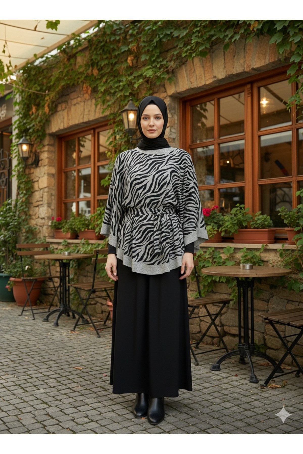Yeni Sezon Rahat Modern Zebra Oversize Panço / Tesettür Tunik - Panço