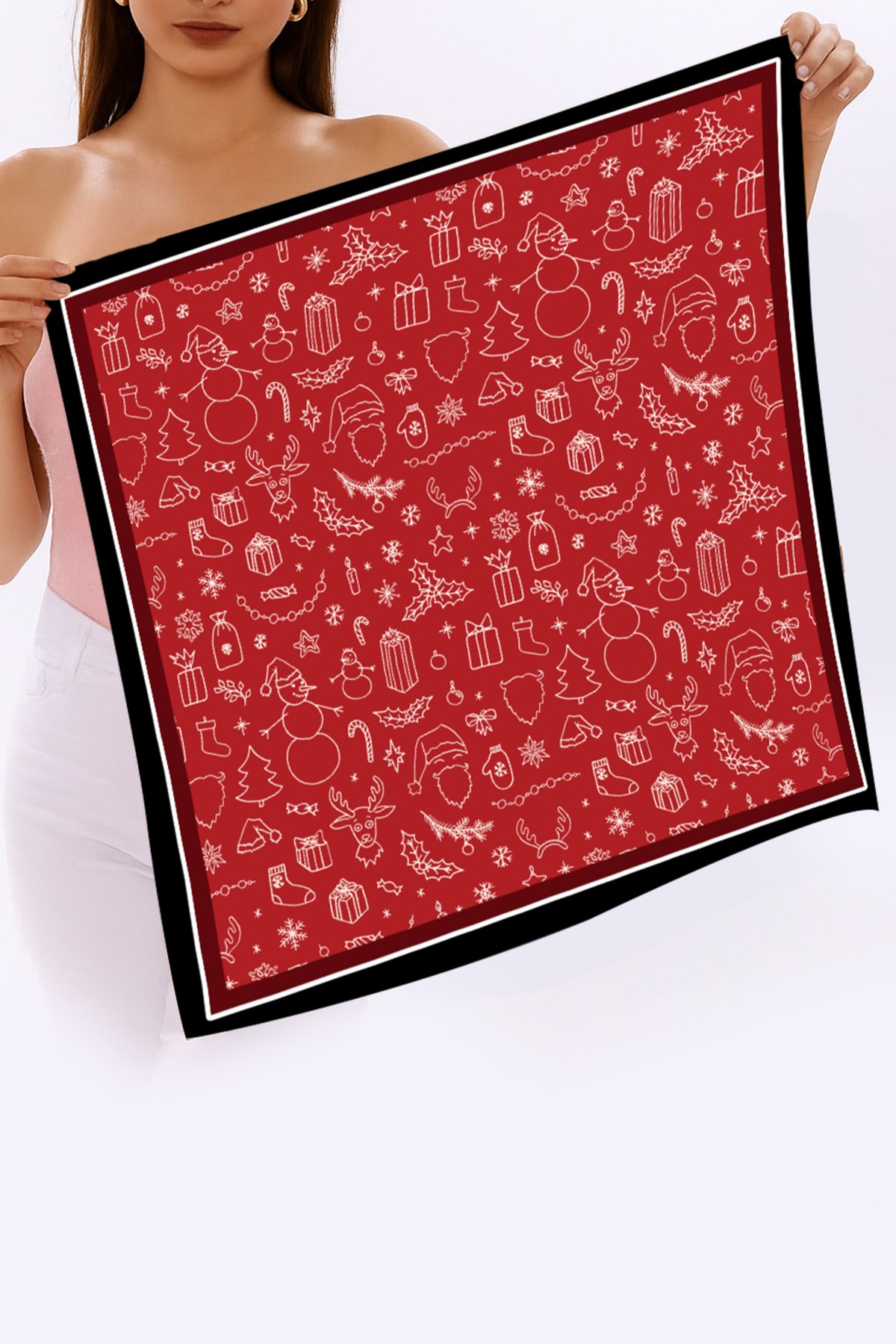 Yeni Sezon Yılbaşı Desenli Bandana Fular Yeni Yıl Hediyesi Şal Estascarf 70x70 Cm