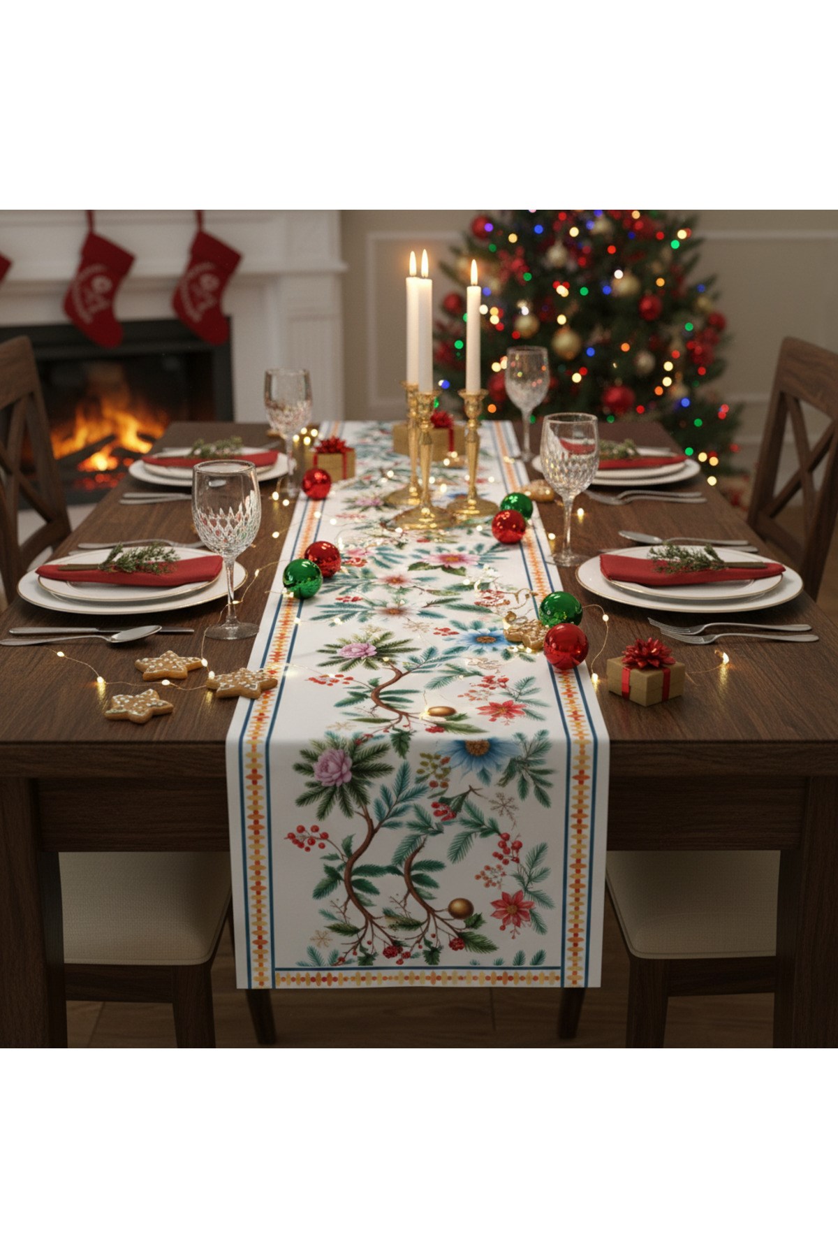 Yılbaşı Temalı Dijital Baskılı Runner Örtüsü Christmas 40x140 cm