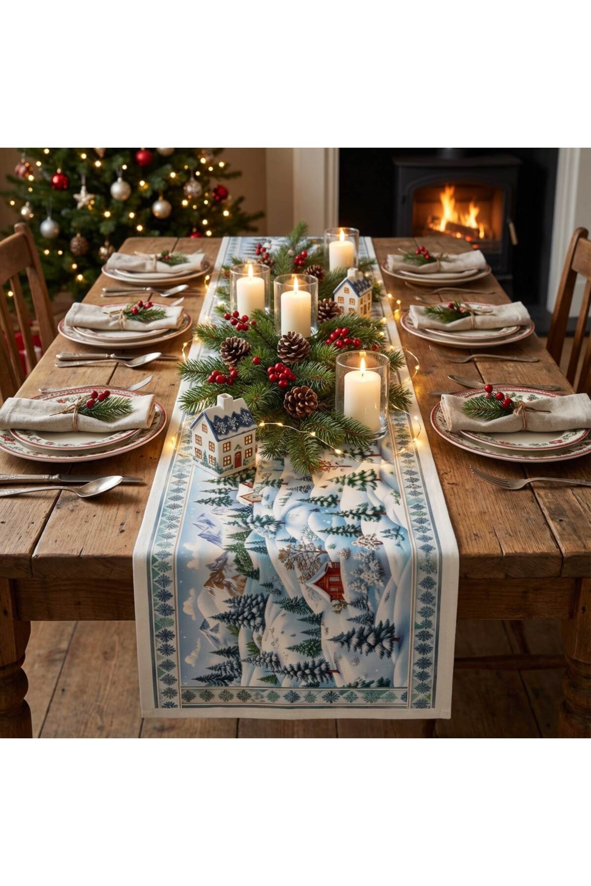 Yılbaşı Temalı Dijital Baskılı Runner Örtüsü Christmas 40x140 cm