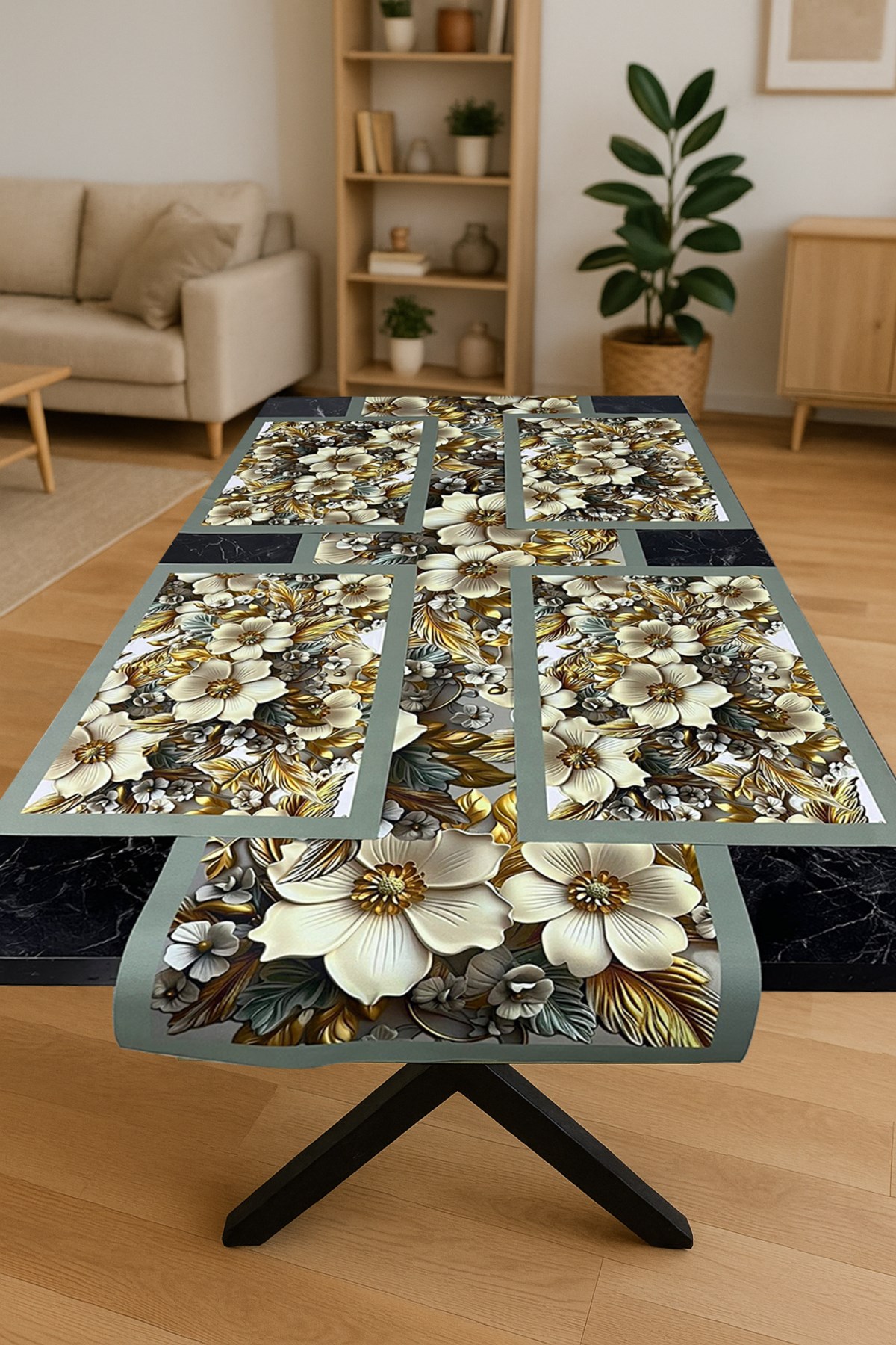 Zambak Işıltısı – 3D Çiçek Desenli Masa Runner & 4’lü Supla Takımı