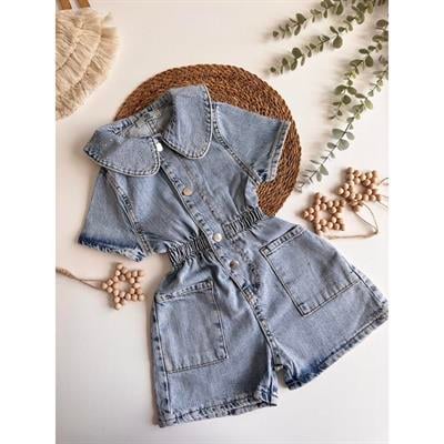 Yaka Detaylı Taşlı Denim Tulum