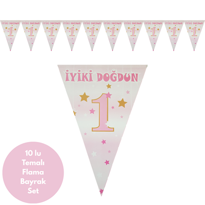 1 Yaş Pembe Altın Yıldızlı Flama Bayrak Set Süs