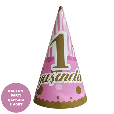 1 Yaş Temalı Pembe Karton Parti Şapkası 8 Adet