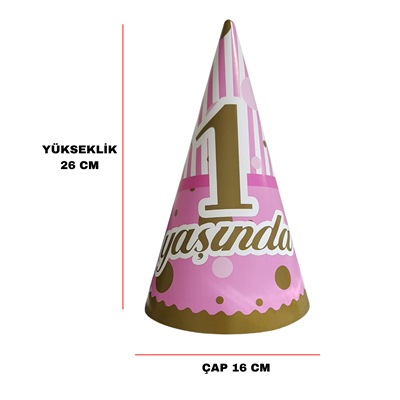 1 Yaş Temalı Pembe Karton Parti Şapkası 8 Adet