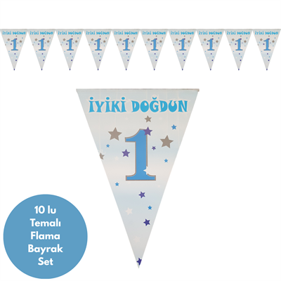 1 Yaş Yıldızlı Mavi Gümüş Flama Bayrak Set Süs